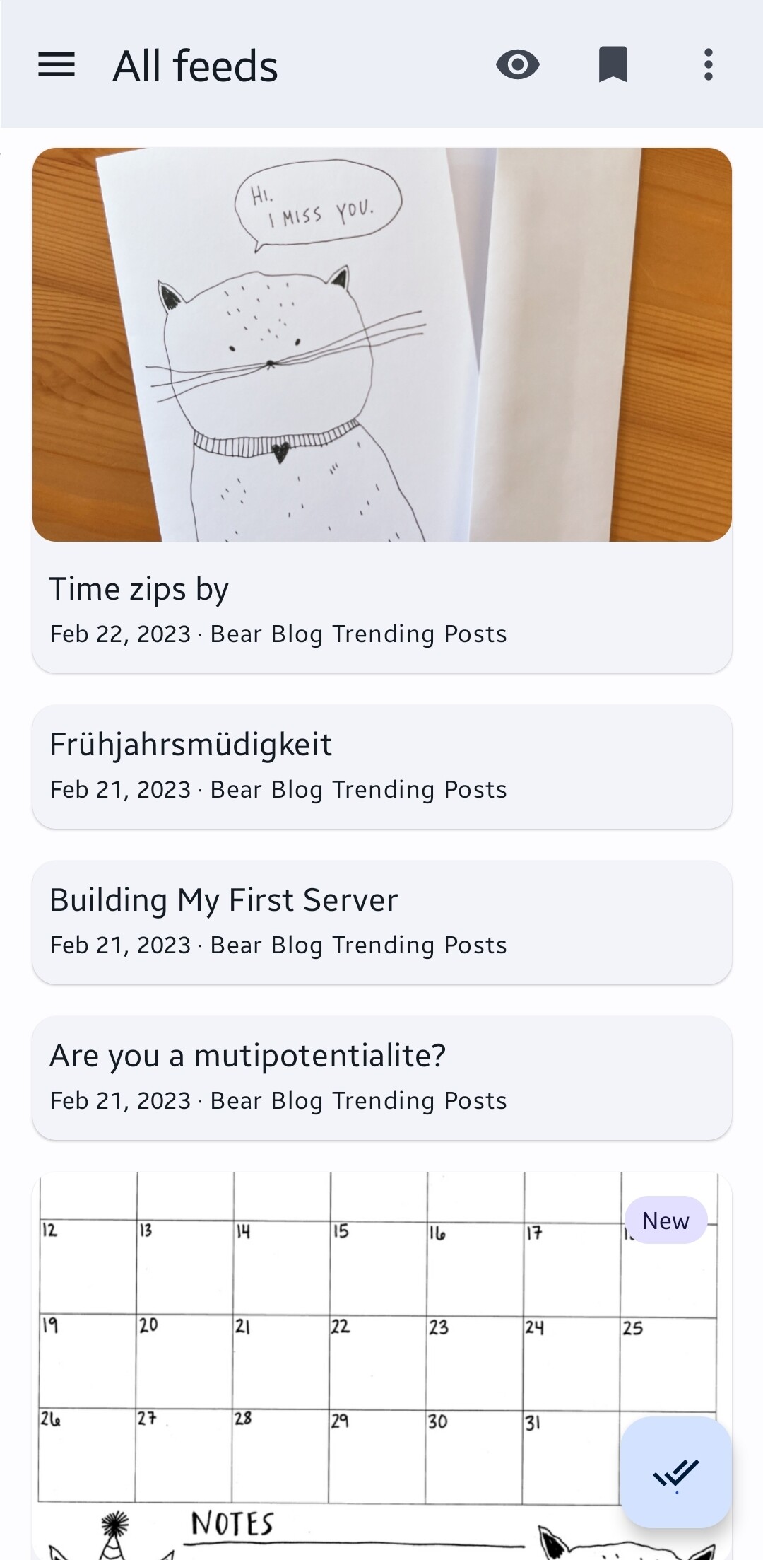 Feeder interface with Bear Blog Discover feeds