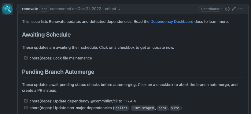 Dependency Dashboard listing all pending updates